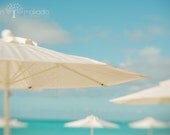 Fine Art Abstract Photograph. Under The White Umbrellas. Blue Green Ocean Water. Clouds. Teal Green Blue Sky. Home Decor 8x12 Print