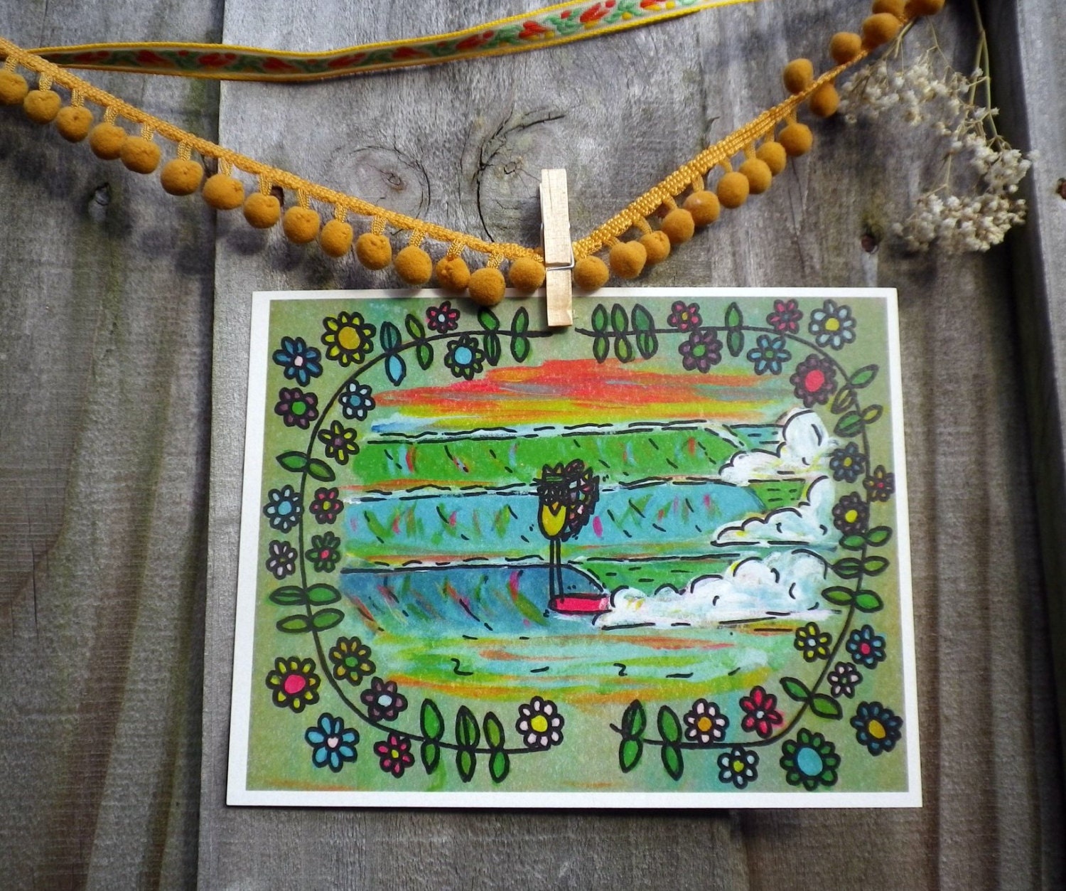 Peace Owl Surfing Flower Power Paradise 5 x 7 print