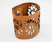 Leather Cutout Cuff Bracelet - Modern Floral - Laser Cut (Caramel / Butterscotch)