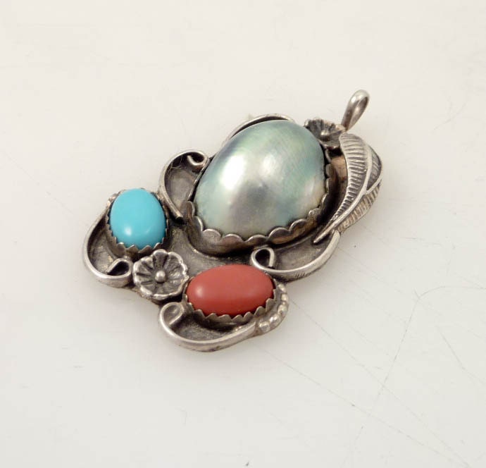 Vintage Mother of Pearl, Coral and Turquoise Sterling Flower and Feather Native American Pendant