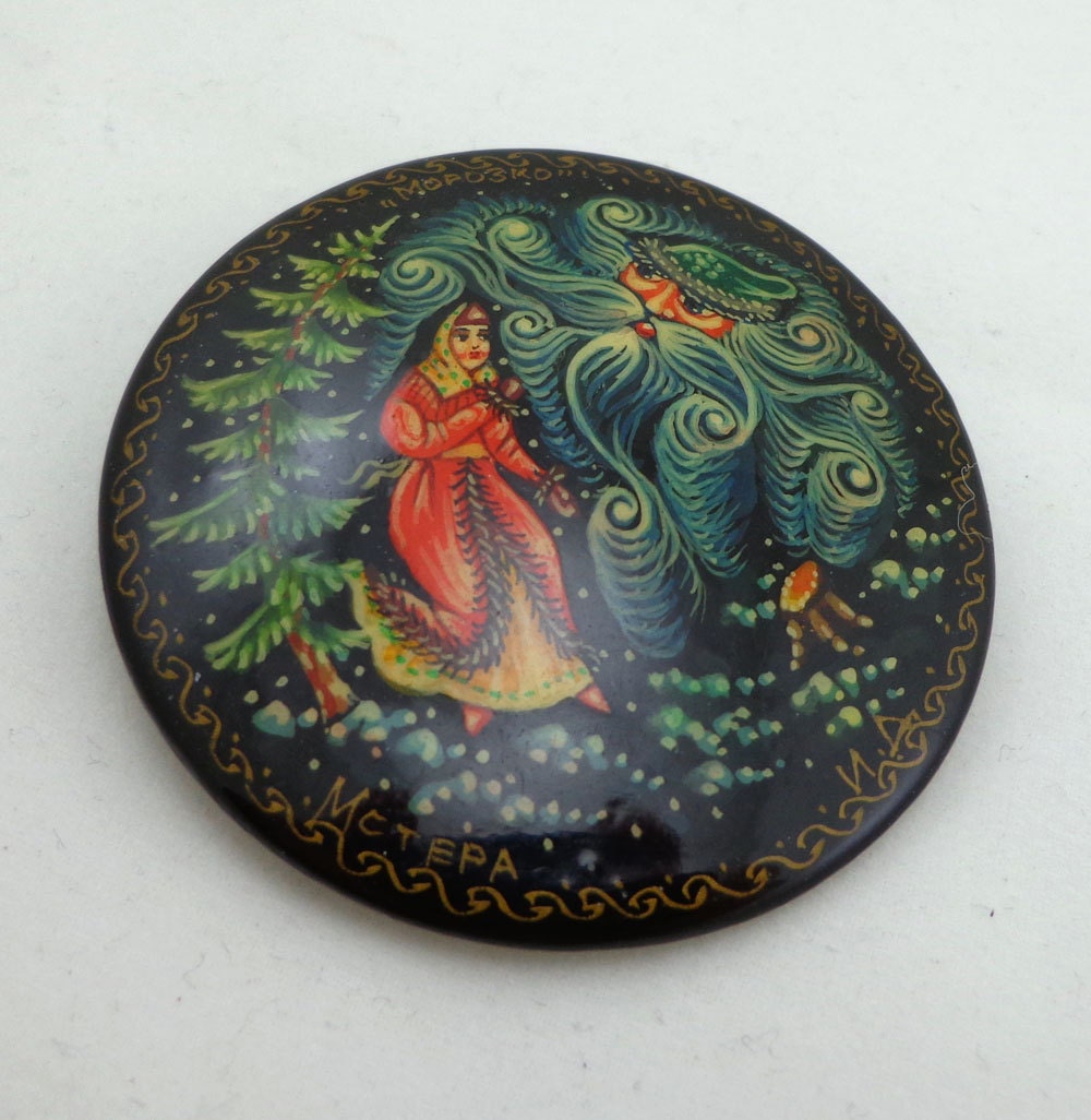 Vintage Russian Brooch Hand Painted Fairy Tale Black Lacquer Pin Signed McTepa