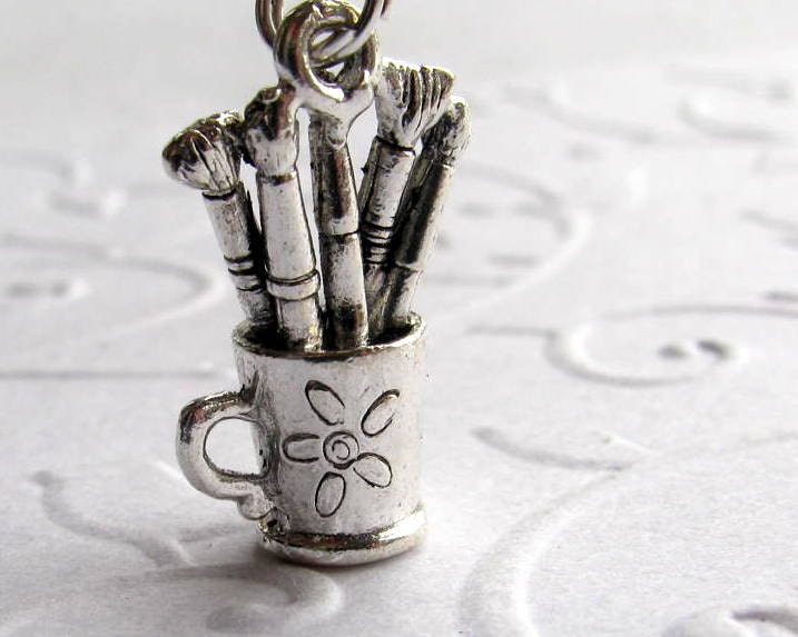 Cup of artist paint brushes charm necklace, silver pewter, painter painting supplies, artist art studio mini flower design, crafting