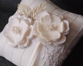 Ivory Pleated Silk Wedding Ring Pillow with Lace, Leaves and Handmade Blooms - Gwen