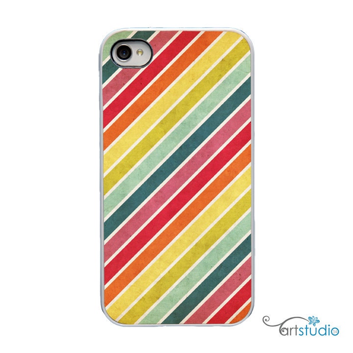 Diagonal Rainbow Stripes White or Black iPhone Case - IPhone 4S, 4 or 5 Hard Cover - Fun Bright Art Unique Trendy Case - artstudio54