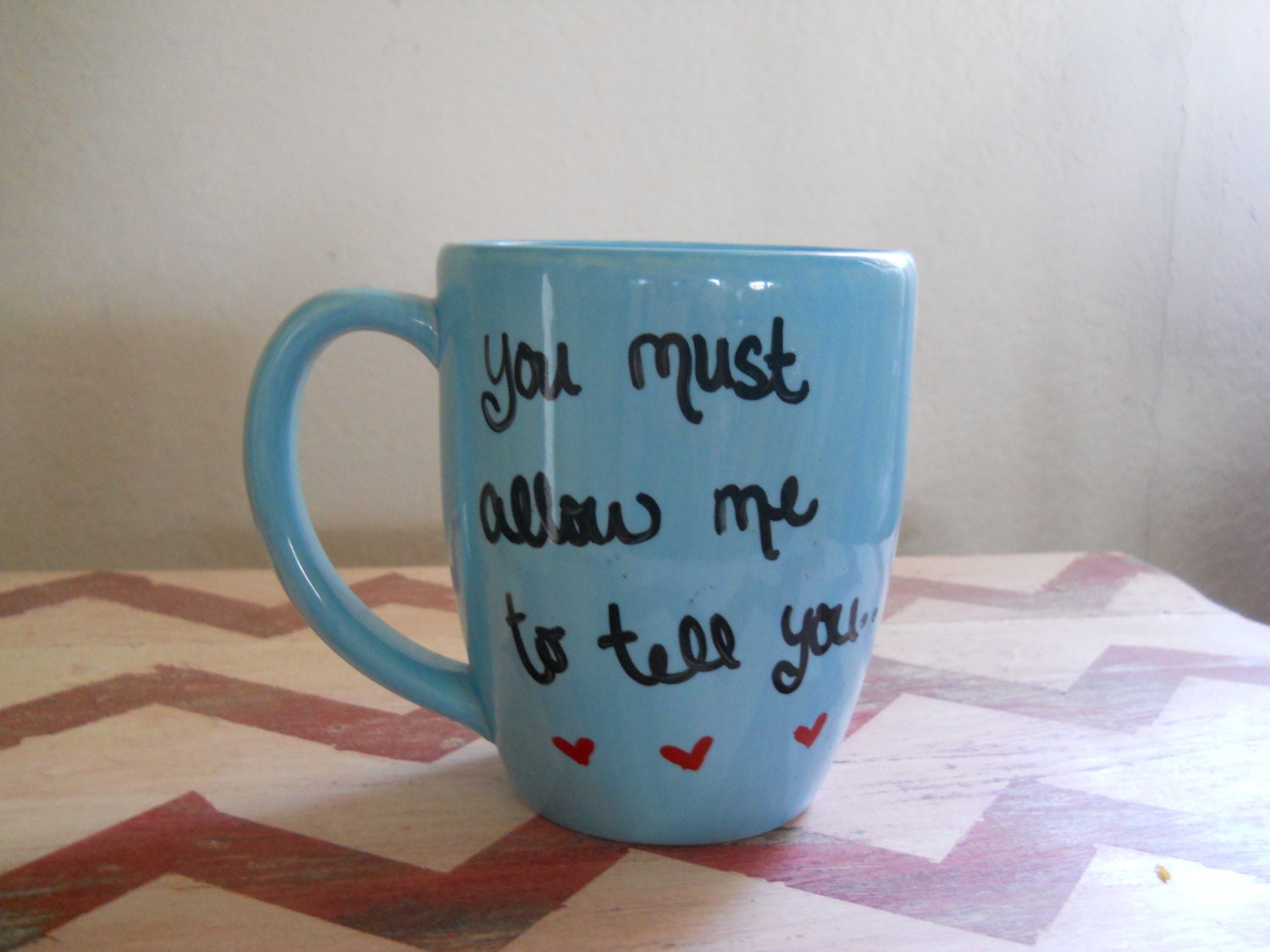 Pride and Prejudice turquoise/baby blue quote mug-New-black ink- Red hearts-Mr.Darcy Proposal-Wide Mouthed opening-RTS