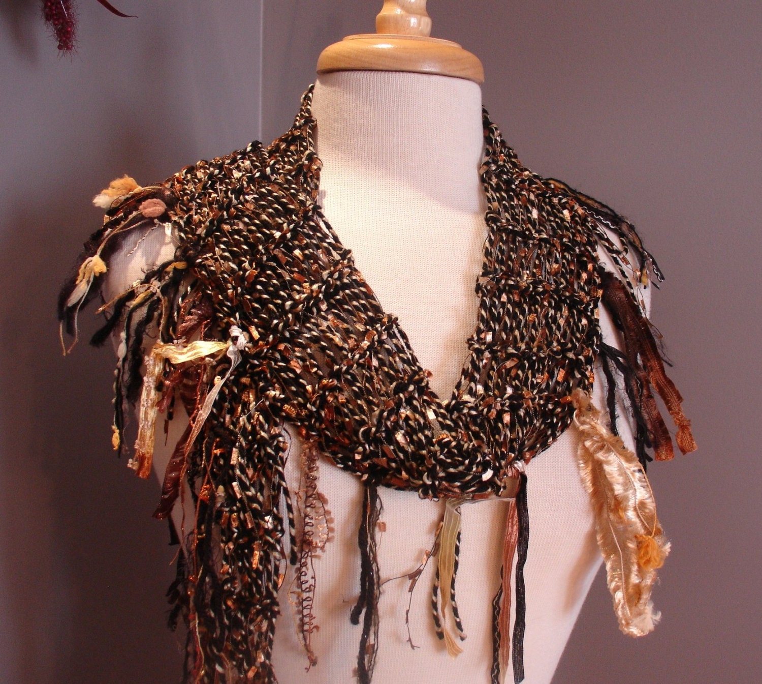 NEW Tribal Romance in Metallic Black - Versatile Diamond-shape Scarf - Glitzy ribbon knit fashion scarf in Black, Gold, Copper, Bronze