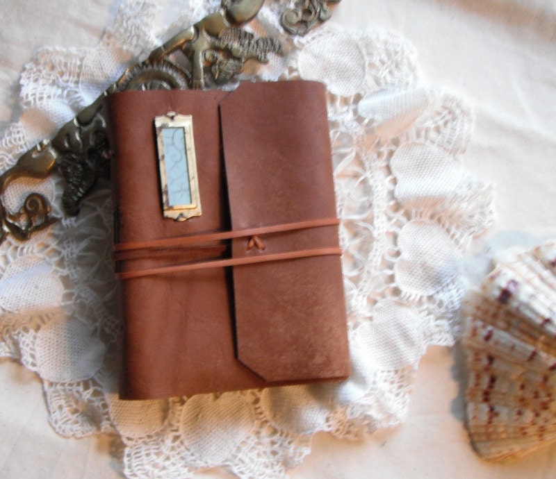 Secret Window - Brown leather travel journal, vintage brass, one of a kind custom writing journal