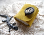 Yellow mini journal- tiny bright handmade book with vintage button and yellow suede leather