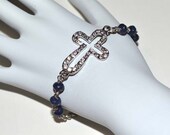 Silver Rhinestone Cross and Sapphire Jade Bracelet