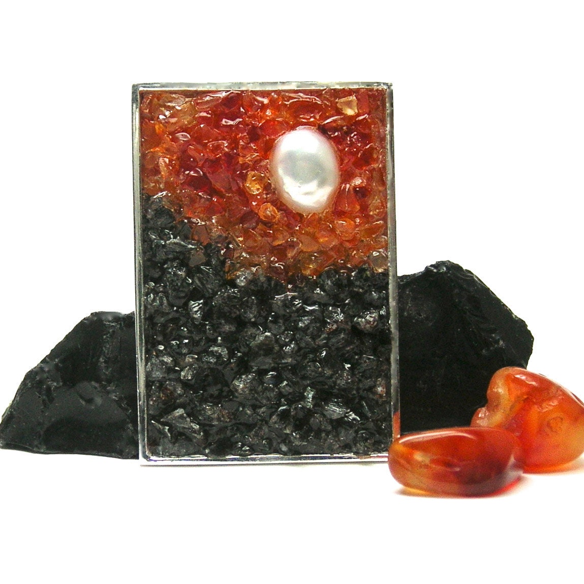 Mosaic Jewelry Brooch -  Landscape  Pearl, Carnelian and Labradorite