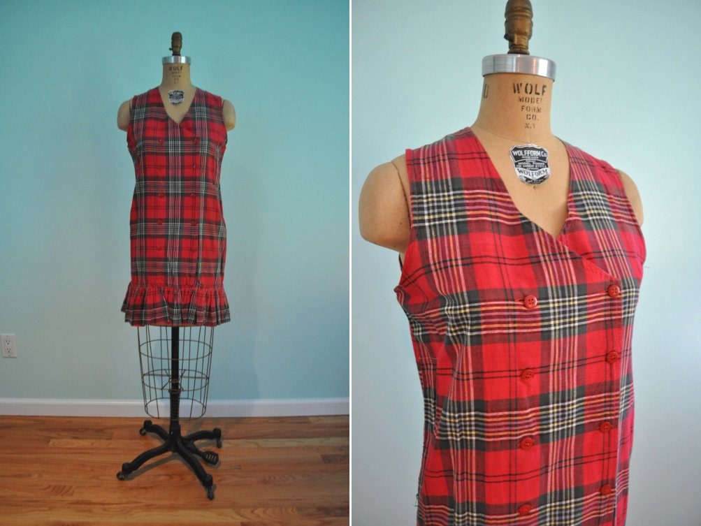 vintage plaid dress 80s red flapper style tiered M
