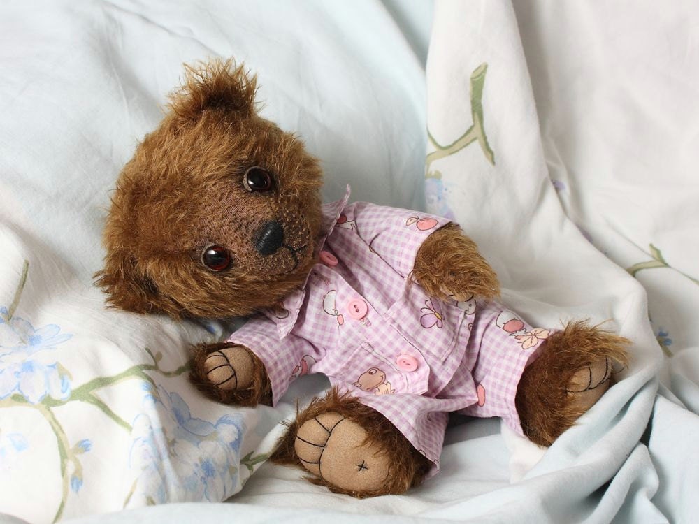 Artist Teddy Bear Faith by Nina Popova, OOAK, mohair, jointed, brown, pajamas