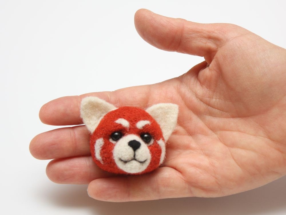 Little Red Panda Brooch, needle felted miniature, jewelry, red, white, wool