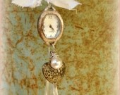 Repurposed Watch, Crystal, heart and Pearl Necklace with Vintage bumpy pearl shape chain