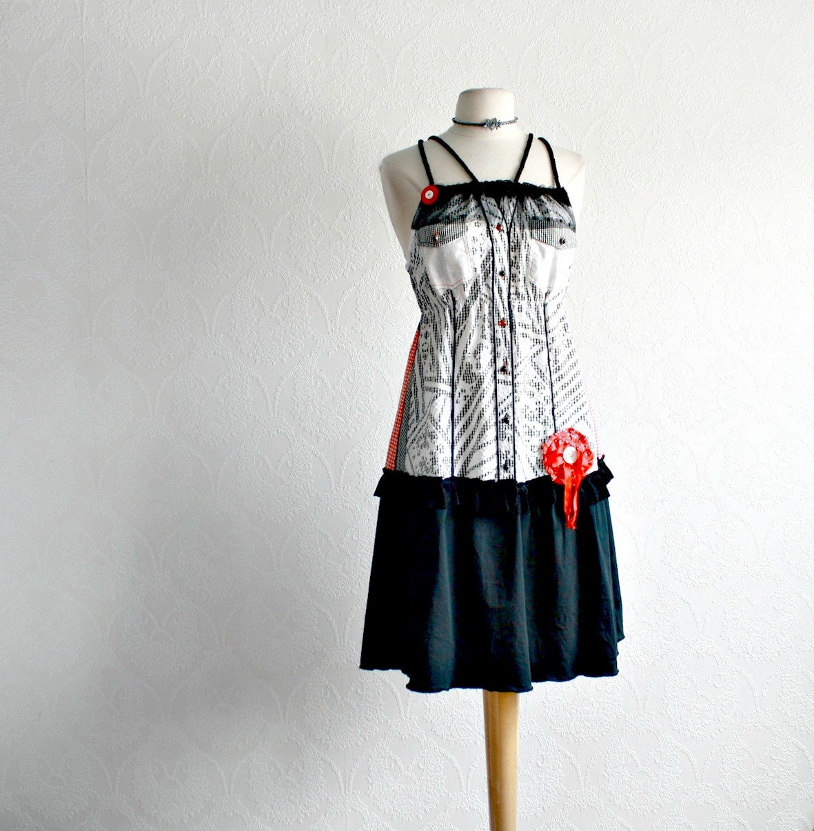 Black and White Dress Red Gingham Women's Sundress Upcycled Clothing Country Western Summer Clothes Medium 'ZARIA'