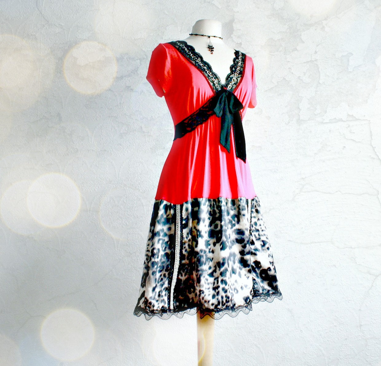 Leopard Print Dress Hot Pink Empire Waist Black Lace Upcycled Clothing Eco Friendly Women's Clothes Knee Length Large 'ARIA''