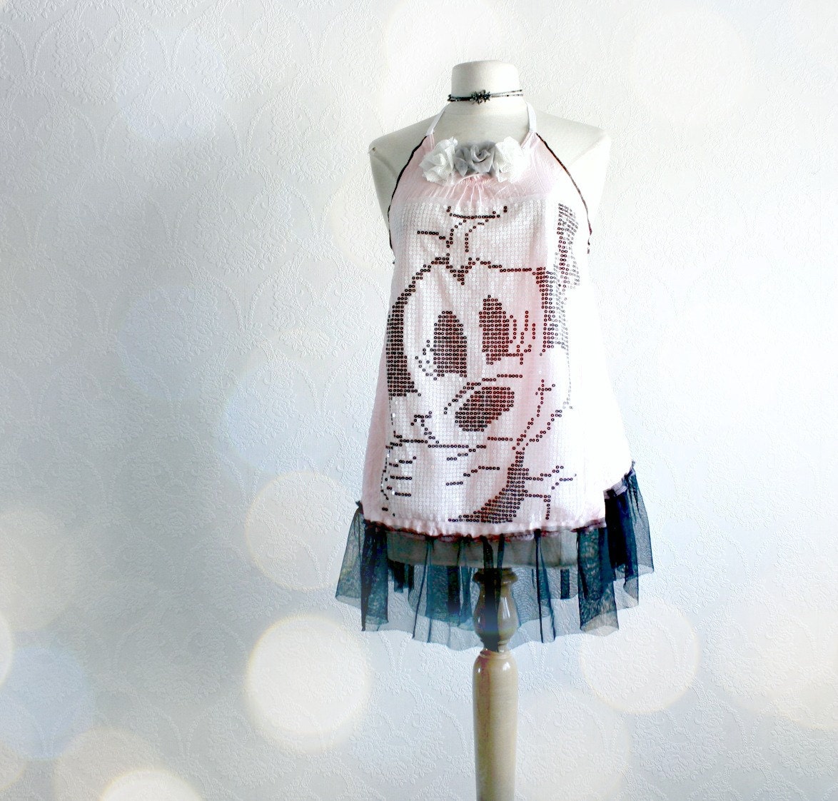 Pink Halter Top Upcycled Clothing Black Long Tunic Cartoon Mouse Romantic Clothes Reconstructed Summer Wear Boho Chic Small 'NESSA'
