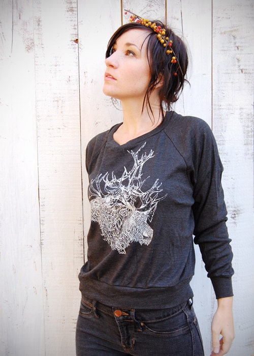 Brother(s) Caribou - deer caribou antlers womens long sleeve raglan pullover - by Bark Decor