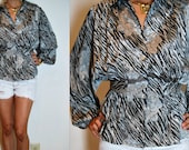 Vtg Sage & Black Deco Floral Poet Sleeve Banded Waist Peplum Blouse Top S/M