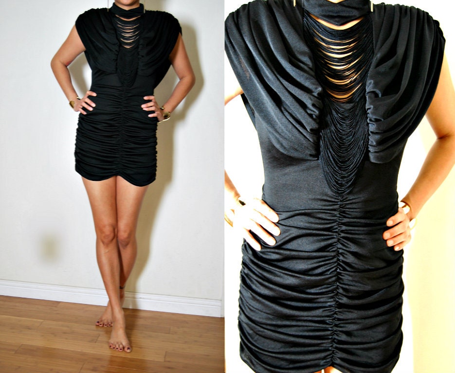 Vtg Black Ruched Drape Sexy Cocktail Glam Fringe Cowl Avant Garde Mini Dress M