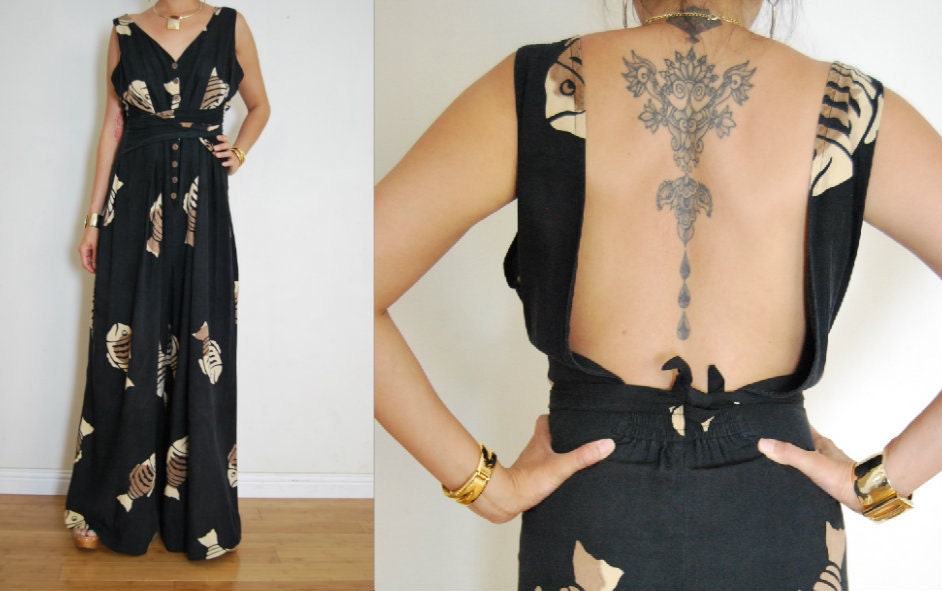 Vtg Black Batik Fish Print Backless Palazzo Button Front Festival Boho Pant Romper M/L