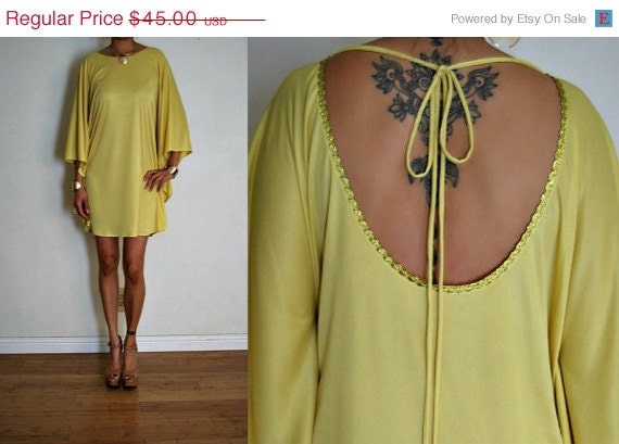 Memorial Day Sale Upcycled Yellow Ric Rac Trim Plunging Backless Caftan Mini Dress S/M