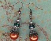 35% off SALE- Garden Girl Collection- Copper Pearl with Teal Crystal and Antique Copper & Silver Beadcap Earrings