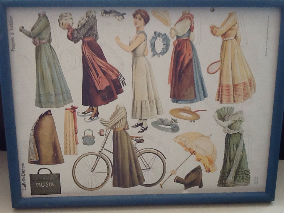 Vintage framed German paper doll wall hanging home decor