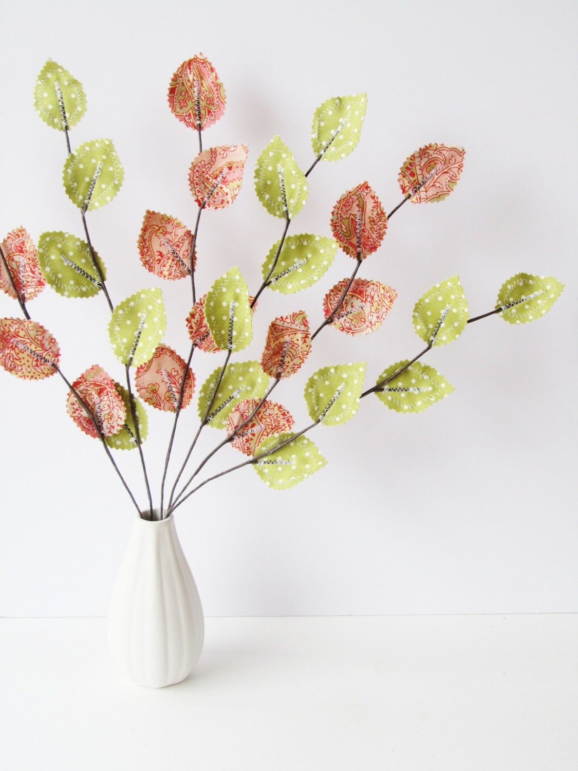 Fabric Leaves - Rose Pink Paisley Light Green White Polka Dot Twig Branches Spring Mother's Day Gift Idea