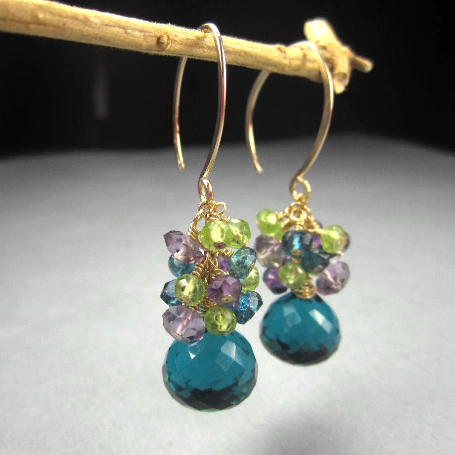 Colorful gemstone gold cluster earrings, wedding jewelry, blue green purple stone earring