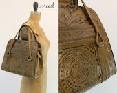 70's Hand Tooled Leather Purse / 1970s Leather Tote / The Mayan Calender Bag