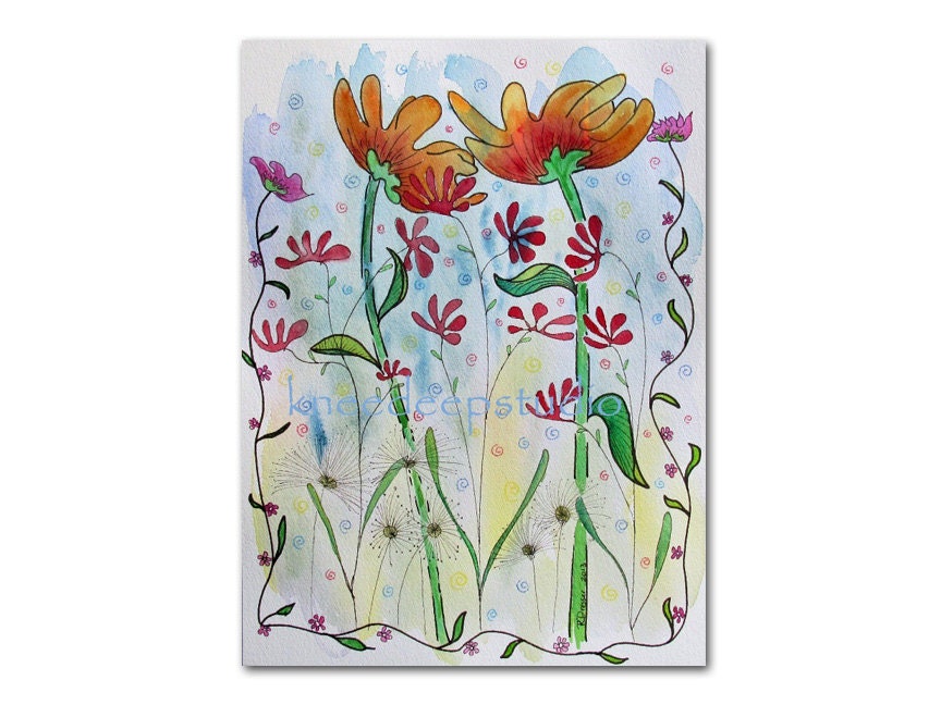 Wild Garden watercolor original 9x12 botanical painting colorful flowers fine art mixed media pen&ink wall decor