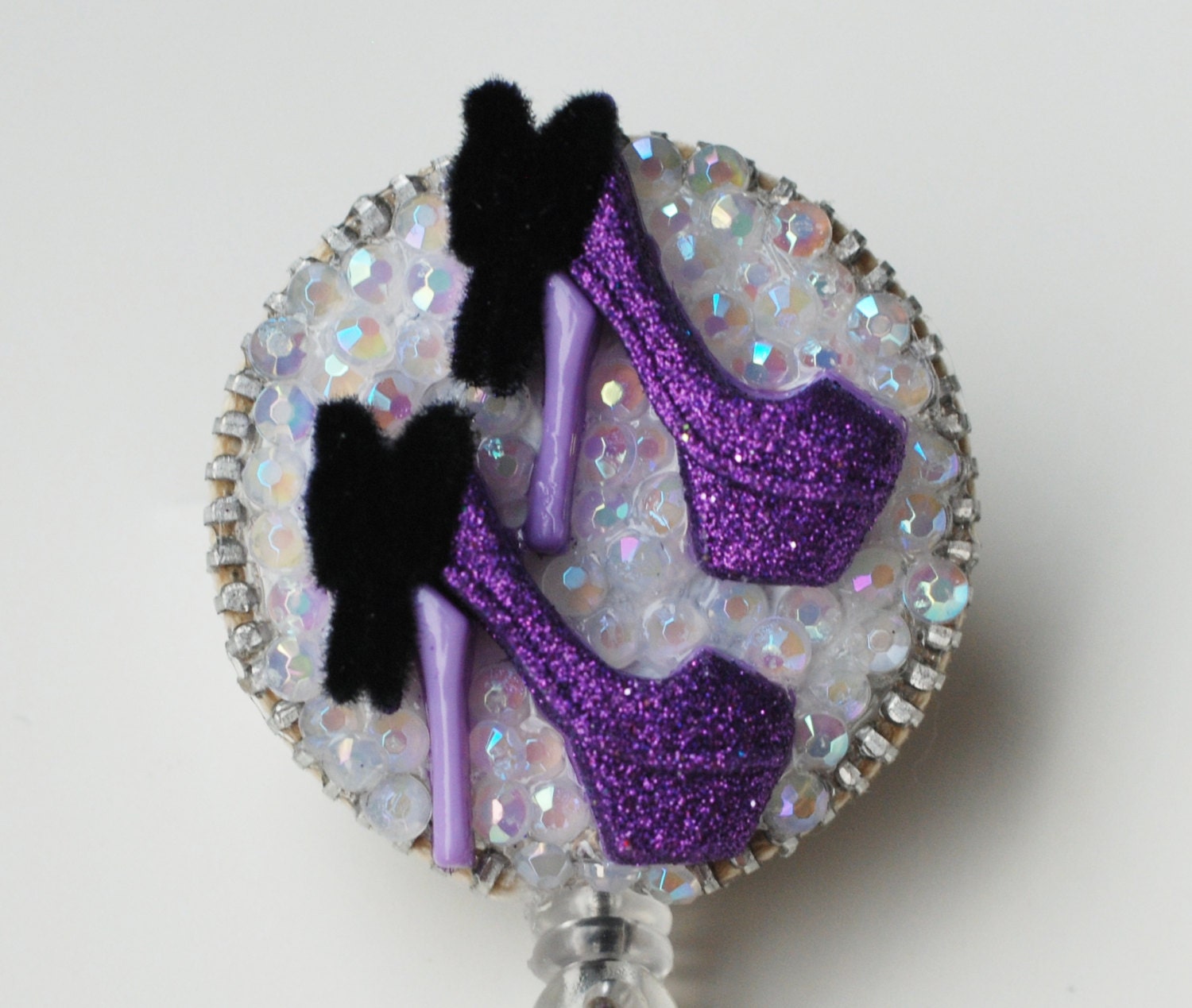 Purple Glittery Stilettos Vintage Zipper ID Badge Reel - RN ID Badge Holder
