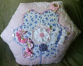 Pink and Blue Hexagon Crazy Quilt Pillow