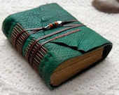 Emerald Dreams - Distressed Leather Journal, Emerald Green, Tea-Stained Pages, Vintage French Stamps OOAK