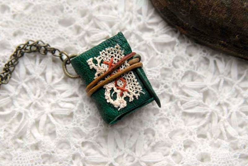 A Little Emerald - Miniature Wearable Book, Emerald Green Leather, Tea Stained Pages, Antique Lace, OOAK