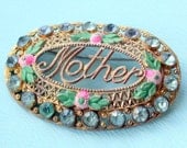 Vintage Mother Gold and Blue Rhinestone Brooch with Pink Enamel Flowers