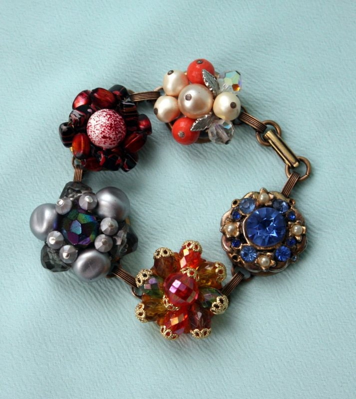 Vintage Upcycled Earring Bracelet Sparkling Multicolor Rhinestones and Pearls