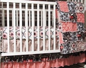 Baby Bedding 3-piece, rag crib quilt,  fitted sheet and 3 tier ruffled skirt, Charcoal and Spice, Girl, ALL NATURAL, baby, READY to ship