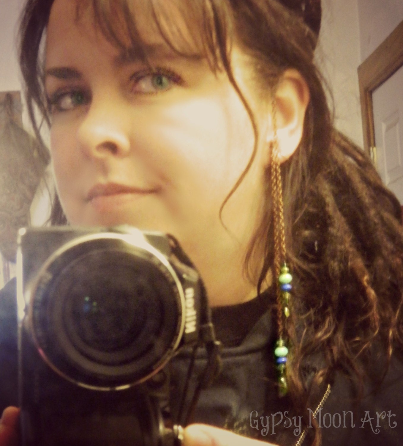 Ear Cuff.  Long Wire Wrapped Ear Wrap with Bue Beads and Leaf Charm.