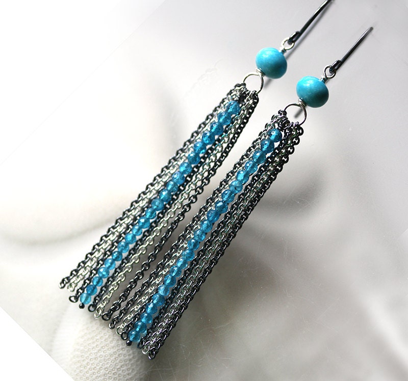 Turquoise Electric Blue Apatite Oxidized Bright Sterling Silver Chain Tassel Earrings - Sylphide