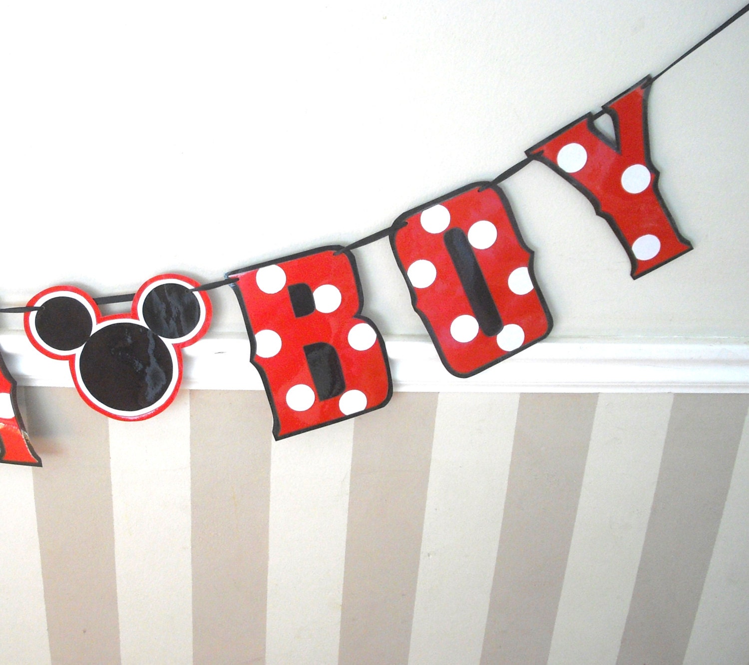 Clearance Sale - Mickey ITS A BOY Banner - Baby Announcement - Red Polka Dots with 2 Spacers Il_570xn