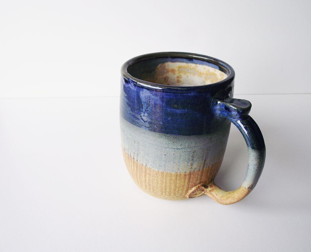 Beer Mug blue and brown Men Handmade Ceramics   - Stoneware Mug - Blu and Brown - Inside white
