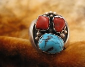 Ring - Size 11 - Sterling Silver - Red Coral Turquoise Ring - Sterling Southwest Jewelry - Blue Red Ring