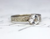 white sapphire gold engagement ring . recycled 14k white gold prong set ring . custom personalized . engraved secret message