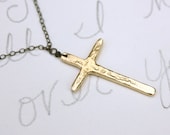 gold cross necklace . recycled 14k yellow gold cross pendant necklace . oxidized sterling silver chain . ready to ship eco friendly gift