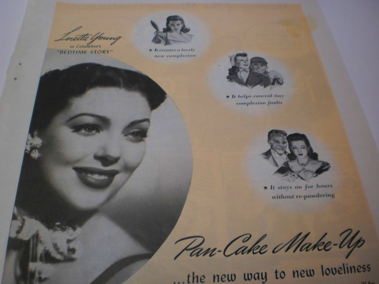 Loretta Young Hollywood Movie Star Ad 40s Max Factor Cosmetics Vintage Magazine Original Celebrity Motion Picture Advertisement  Regency
