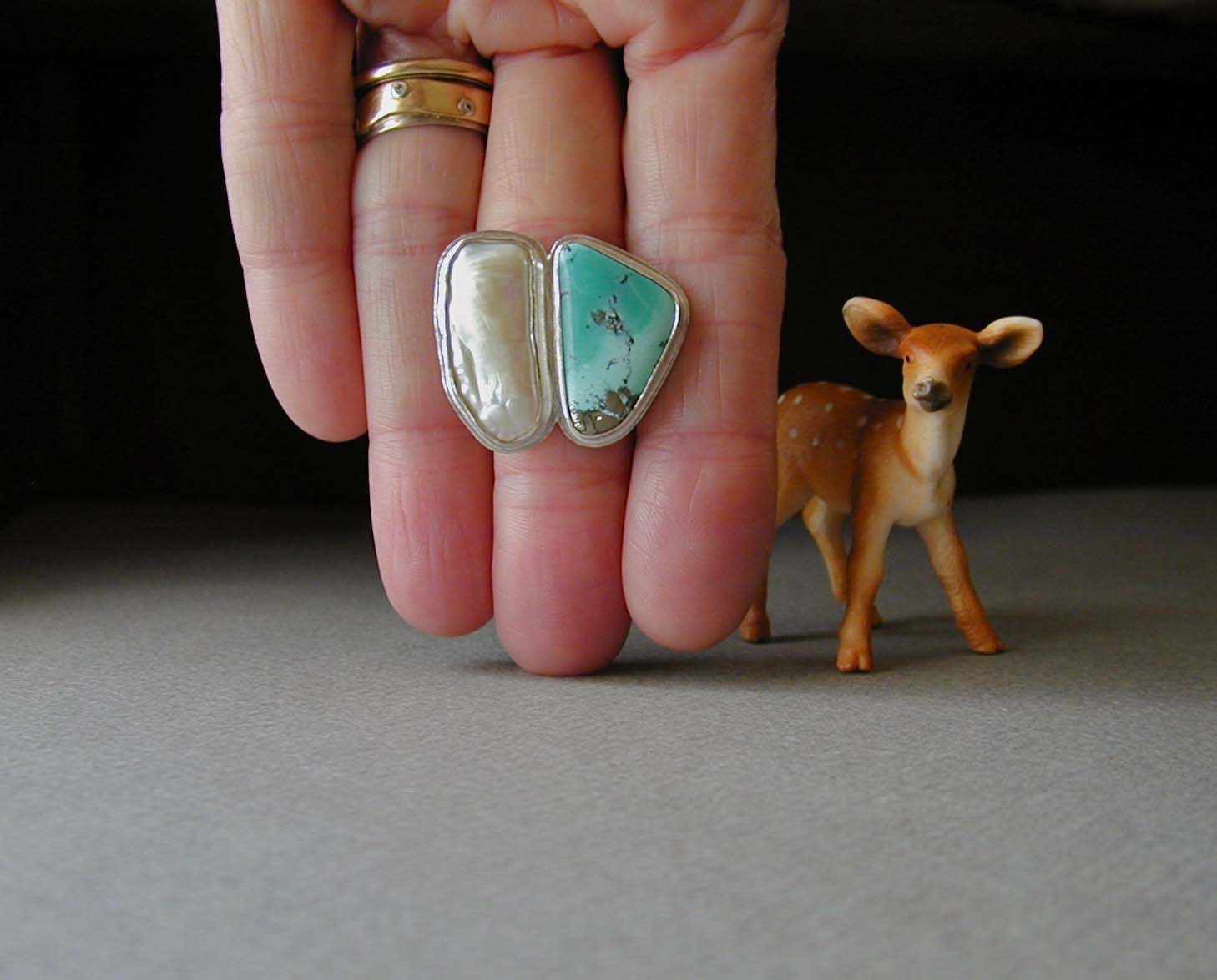 Turquoise Ring,  Keshi Pearl,  Sterling Silver, Morenci Turquoise, Pyrite, Statement Ring