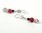 Sterling Silver Spiral Earrings, Pink Rhodonite and Black Onyx, Artisan Jewelry