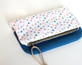 Canvas and Cotton Pastel Fold Over Clutch. Heart Print. Spring Zipper Pouch in Pastel Love.